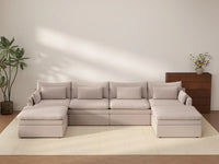 Deluxe Cloud 4-Seater Khaki U-Shaped Sectional | 6-Piece (Includes 2 Ottomans), Linen Look Poly Fabric, Washable Cushion Covers