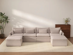 Deluxe Cloud 4-Seater Khaki U-Shaped Sectional | 6-Piece (Includes 2 Ottomans), Linen Look Poly Fabric, Washable Cushion Covers
