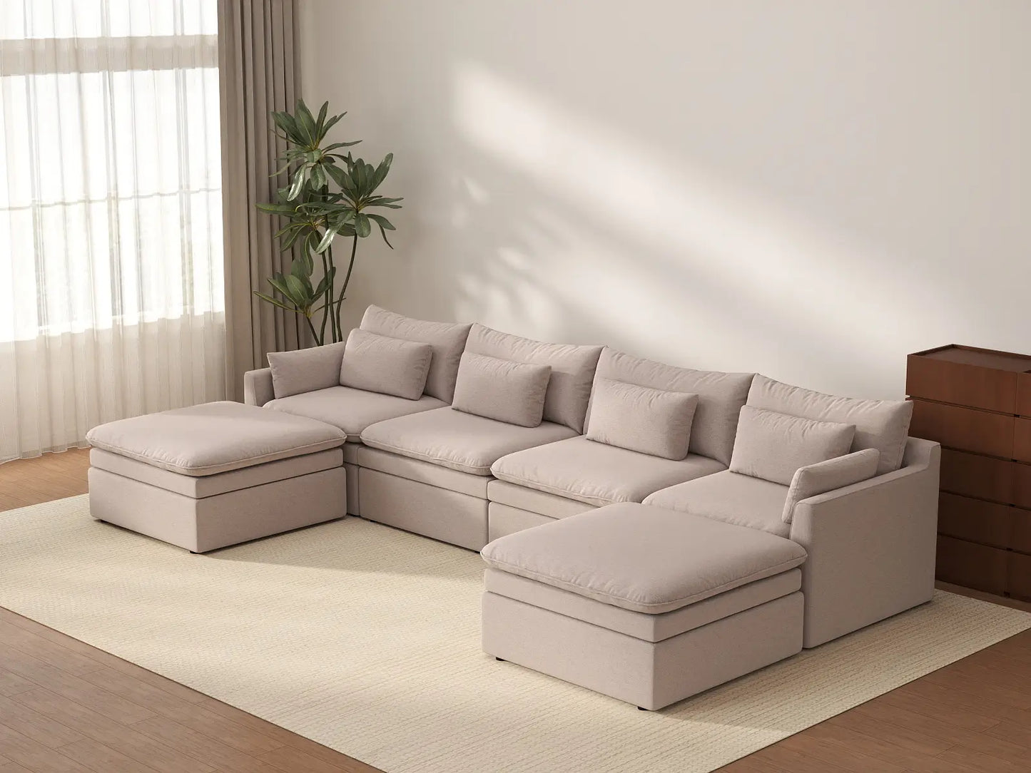 Deluxe Cloud 4-Seater Khaki U-Shaped Sectional | 6-Piece (Includes 2 Ottomans), Linen Look Poly Fabric, Washable Cushion Covers