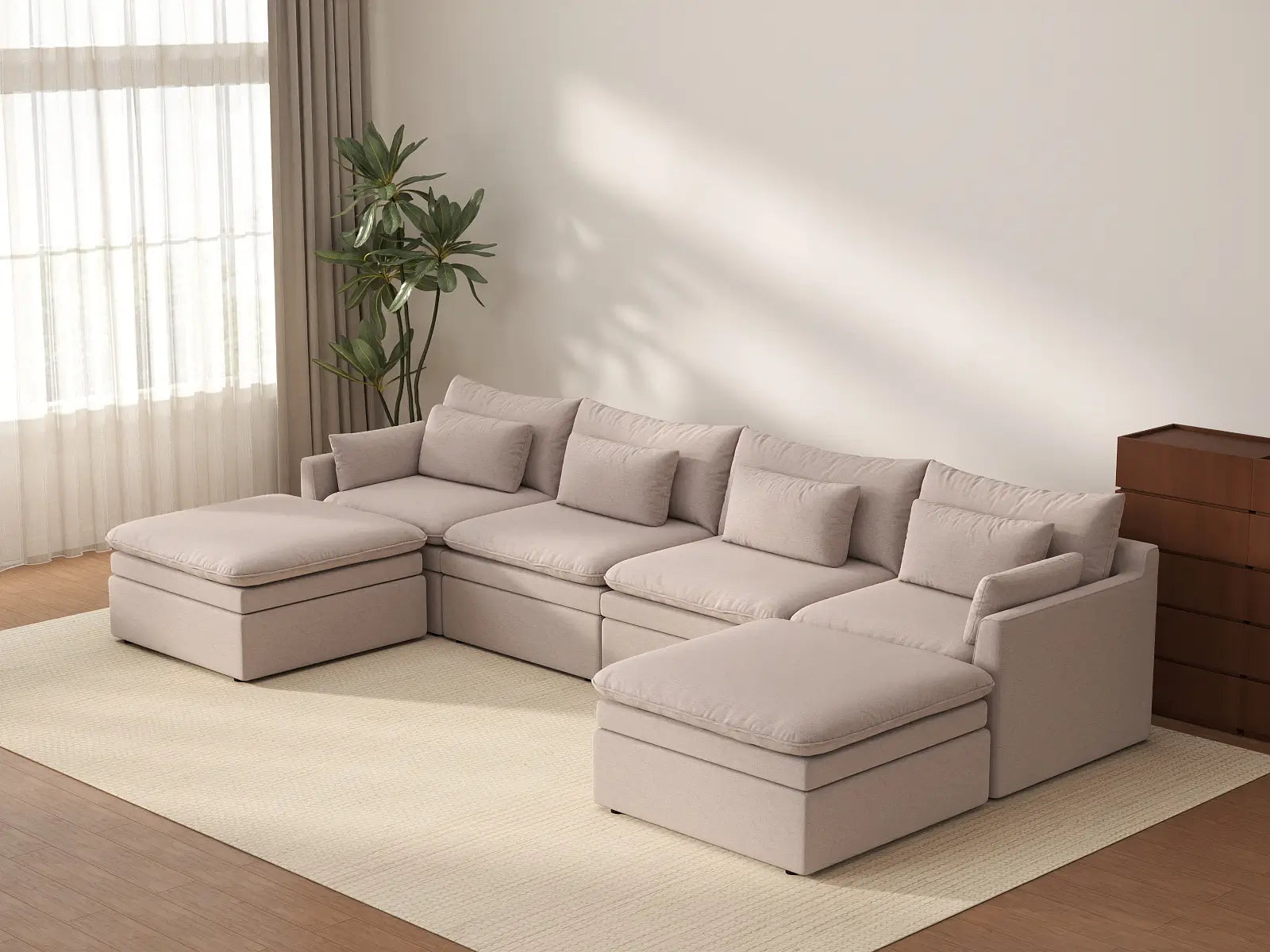 Deluxe Cloud 4-Seater Khaki U-Shaped Sectional | 6-Piece (Includes 2 Ottomans), Linen Look Poly Fabric, Washable Cushion Covers
