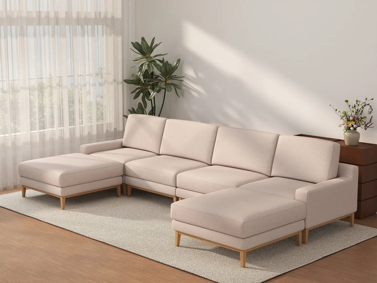 Deluxe Cloud 4-Seater Khaki U-Shaped Sectional | 6-Piece (Includes 2 Ottomans), Linen Look Poly Fabric, Washable Cushion Covers