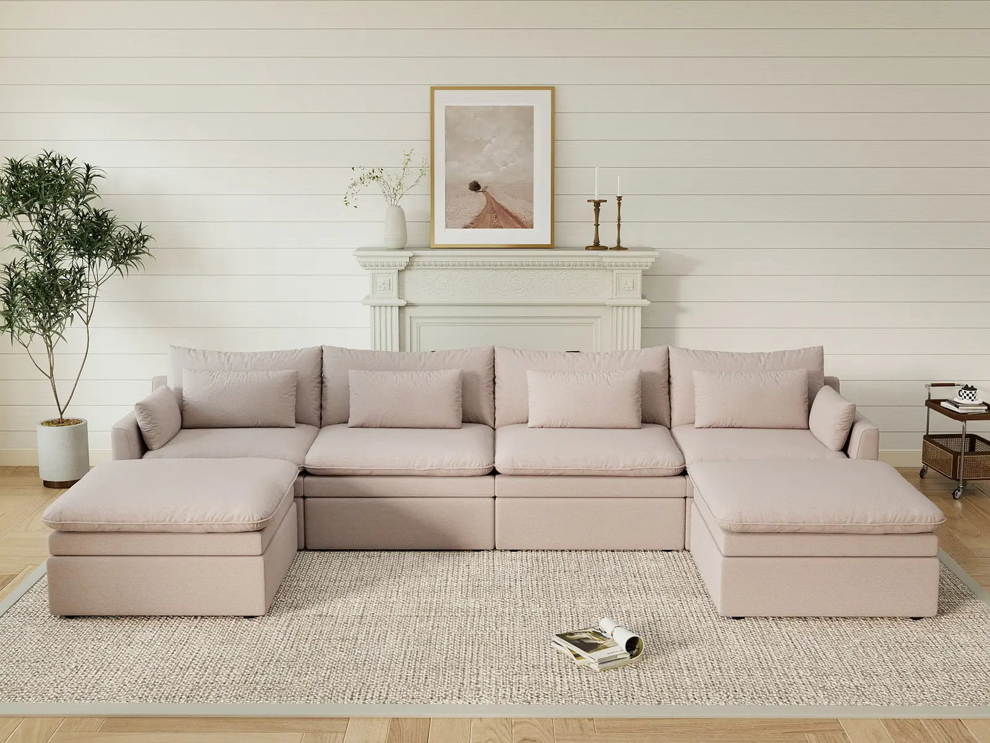 Deluxe Cloud 4-Seater Khaki U-Shaped Sectional | 6-Piece (Includes 2 Ottomans), Linen Look Poly Fabric, Washable Cushion Covers
