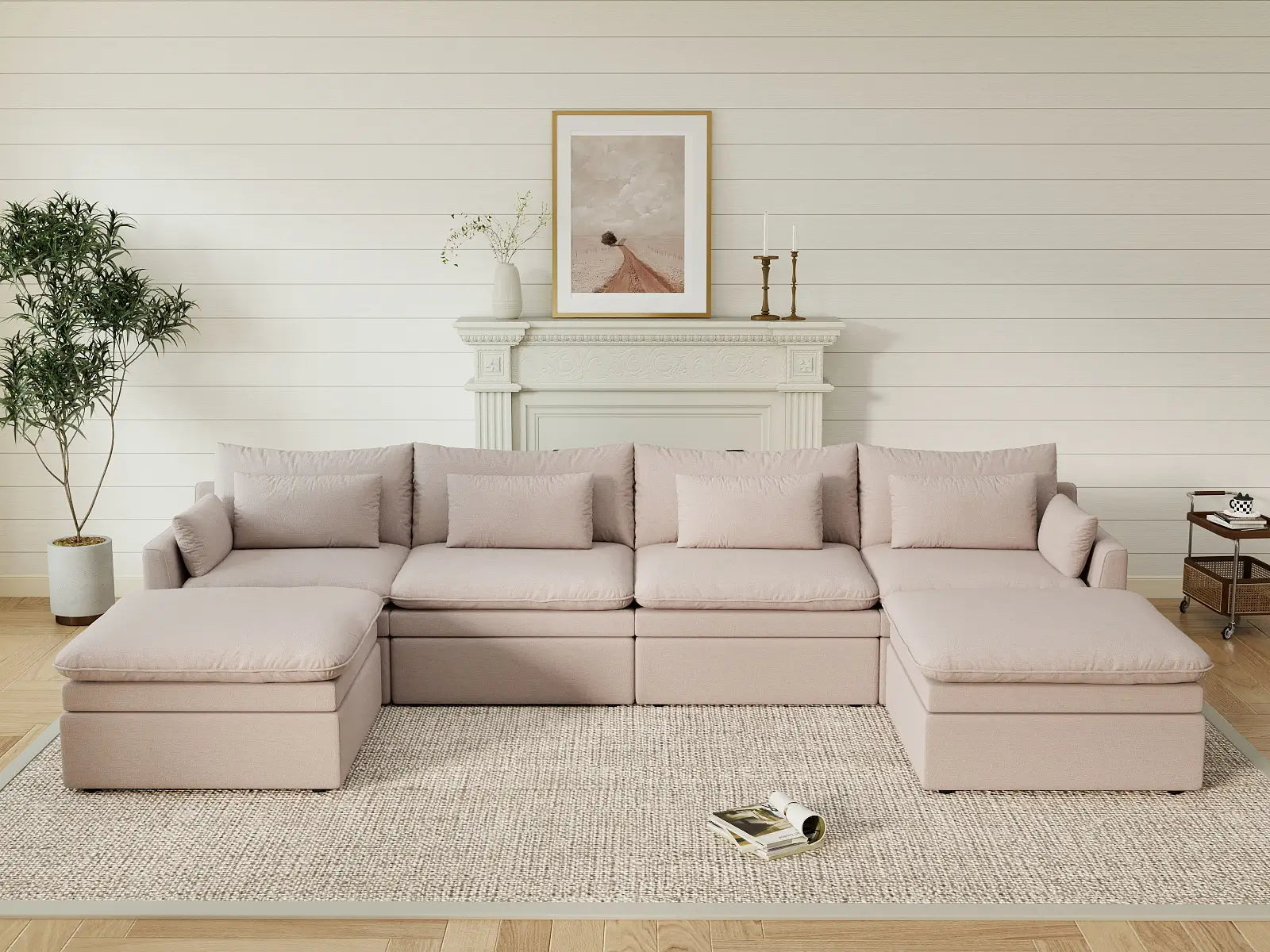 Deluxe Cloud 4-Seater Khaki U-Shaped Sectional | 6-Piece (Includes 2 Ottomans), Linen Look Poly Fabric, Washable Cushion Covers