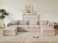 Deluxe Cloud 4-Seater Khaki U-Shaped Sectional | 6-Piece (Includes 2 Ottomans), Linen Look Poly Fabric, Washable Cushion Covers