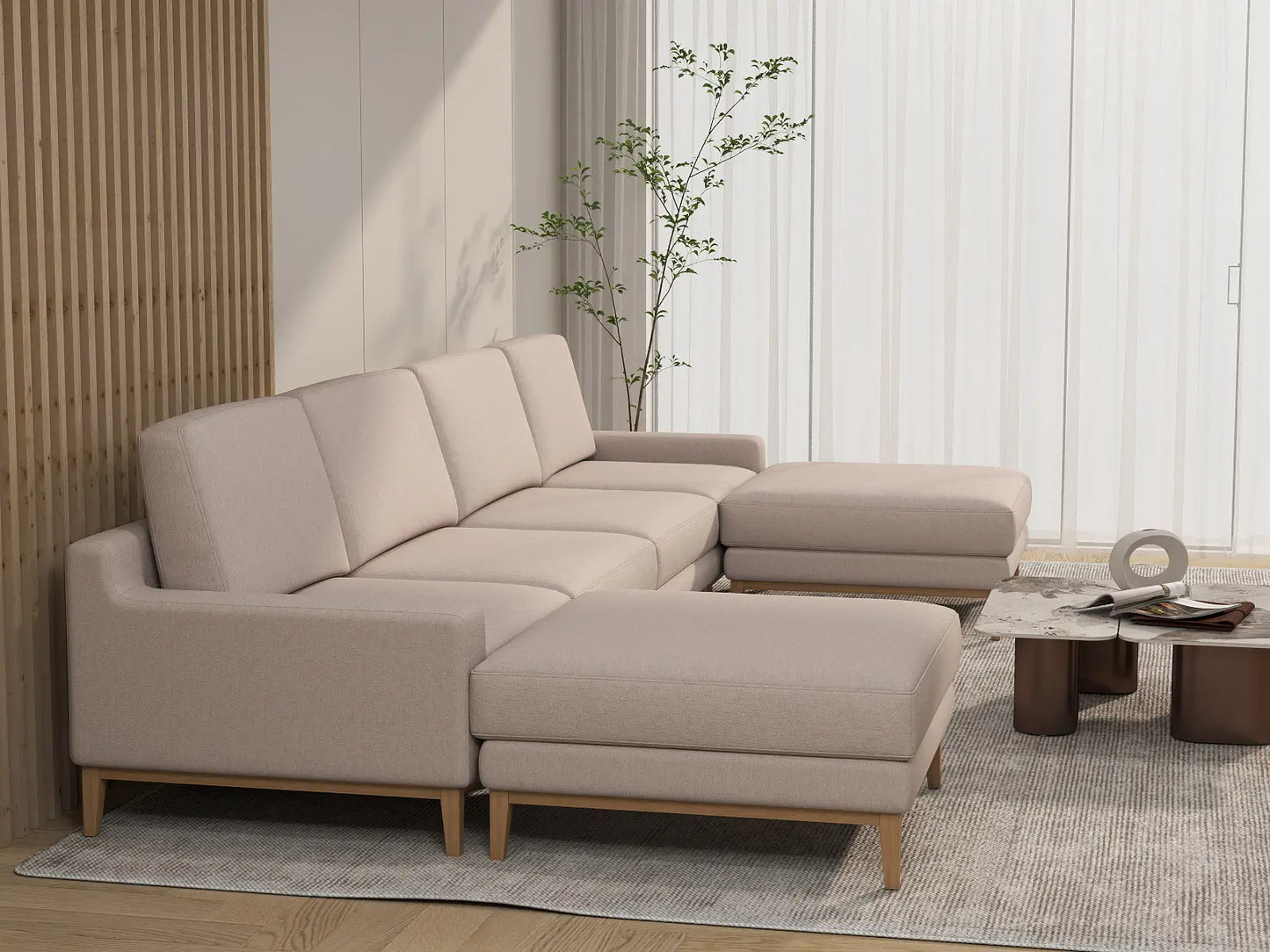 Deluxe Cloud 4-Seater Khaki U-Shaped Sectional | 6-Piece (Includes 2 Ottomans), Linen Look Poly Fabric, Washable Cushion Covers