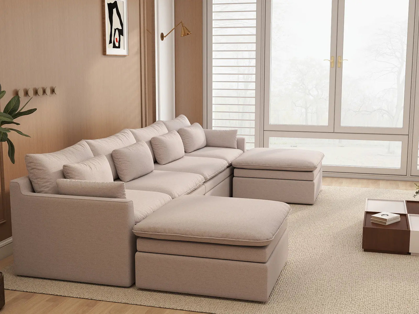 Deluxe Cloud 4-Seater Khaki U-Shaped Sectional | 6-Piece (Includes 2 Ottomans), Linen Look Poly Fabric, Washable Cushion Covers