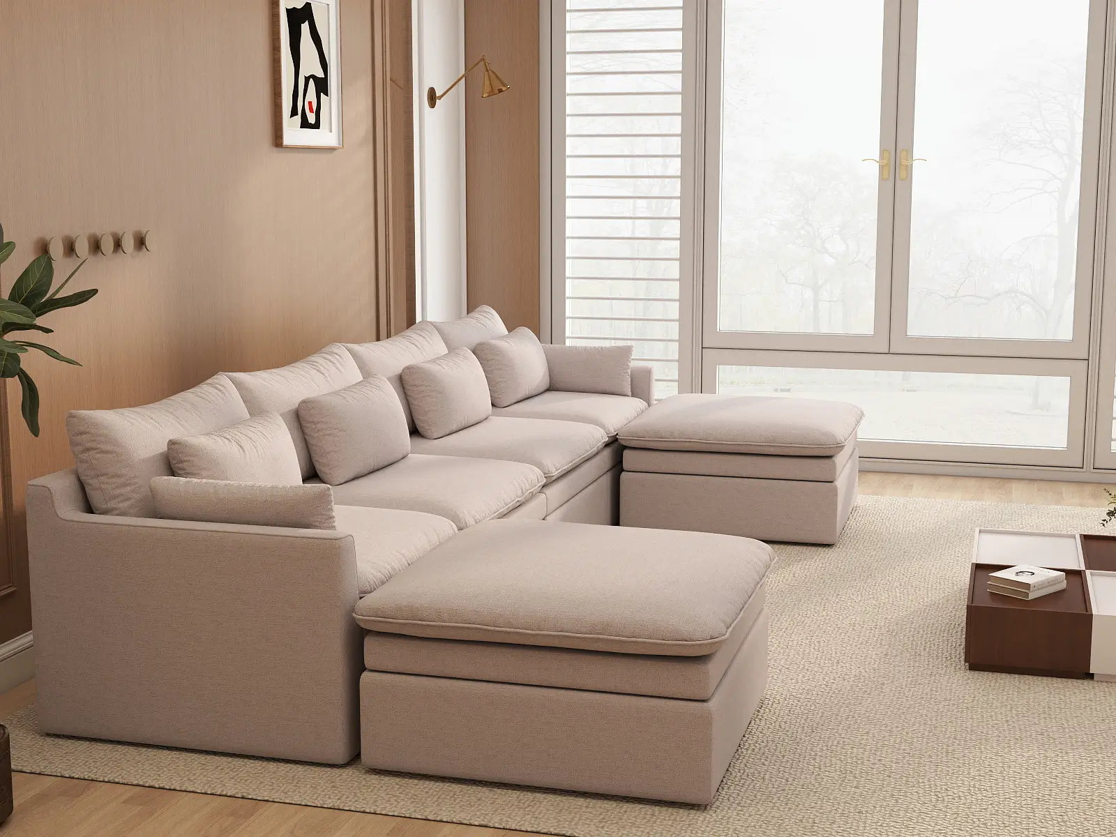 Deluxe Cloud 4-Seater Khaki U-Shaped Sectional | 6-Piece (Includes 2 Ottomans), Linen Look Poly Fabric, Washable Cushion Covers