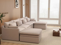 Deluxe Cloud 4-Seater Khaki U-Shaped Sectional | 6-Piece (Includes 2 Ottomans), Linen Look Poly Fabric, Washable Cushion Covers