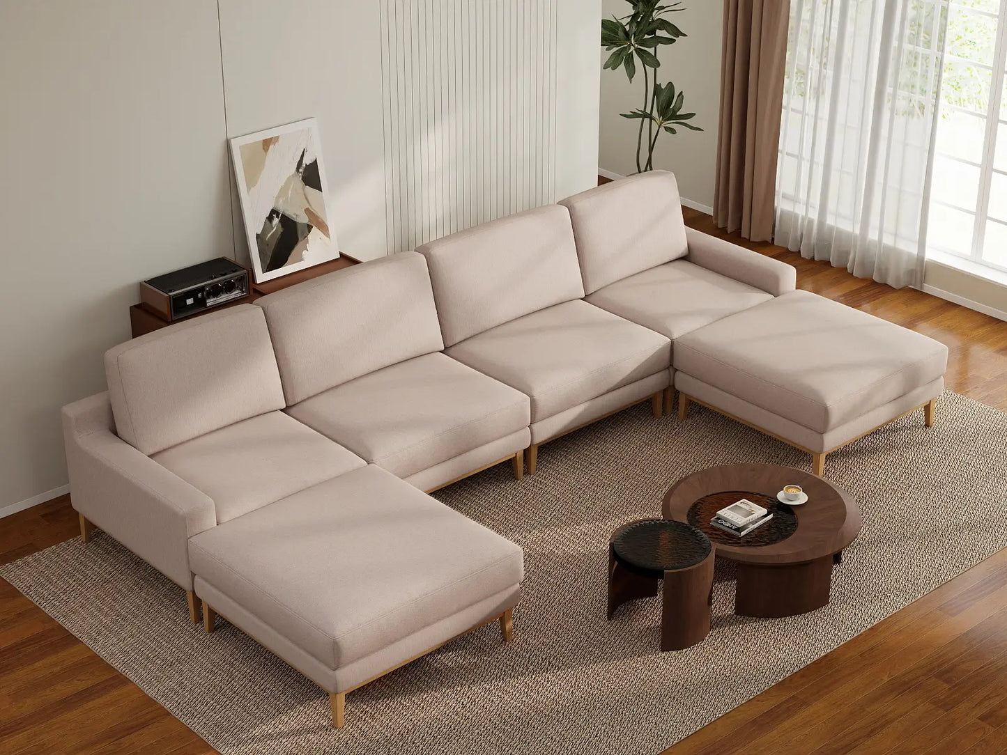 Deluxe Cloud 4-Seater Khaki U-Shaped Sectional | 6-Piece (Includes 2 Ottomans), Linen Look Poly Fabric, Washable Cushion Covers