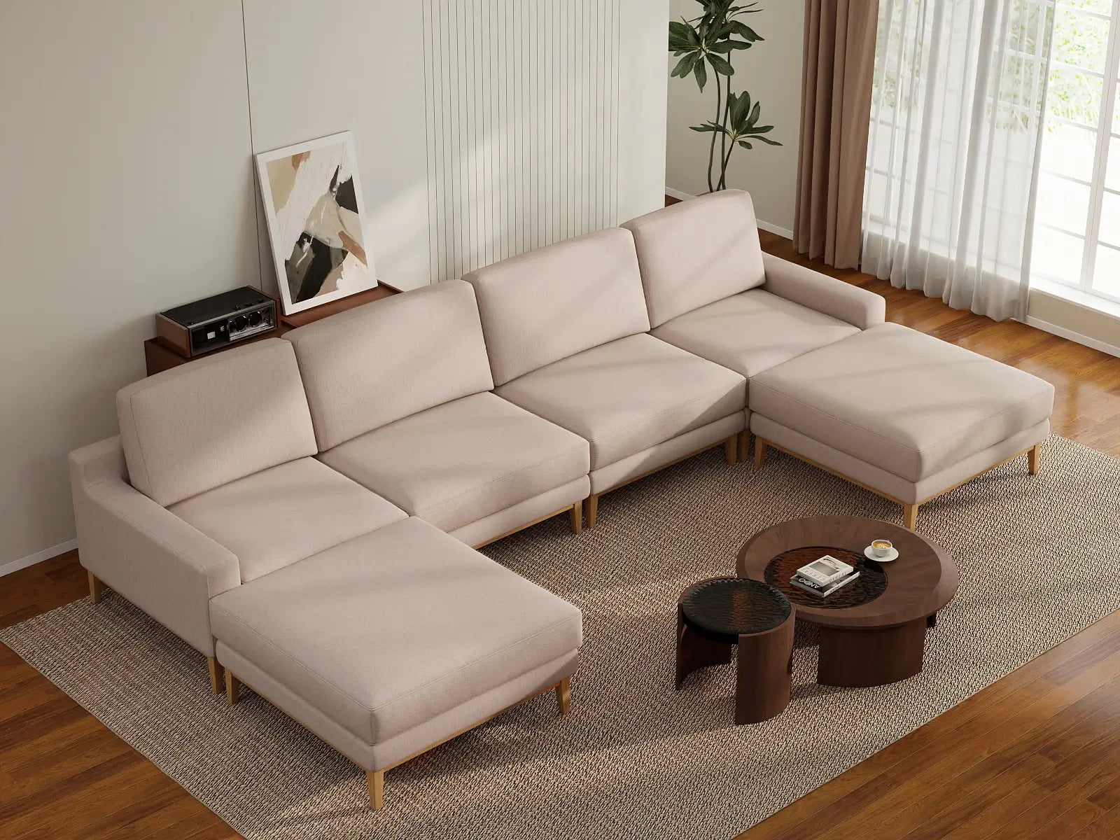 Deluxe Cloud 4-Seater Khaki U-Shaped Sectional | 6-Piece (Includes 2 Ottomans), Linen Look Poly Fabric, Washable Cushion Covers