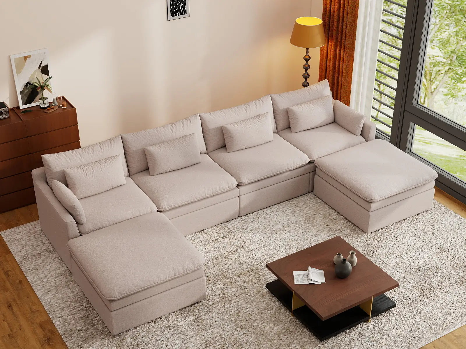 Deluxe Cloud 4-Seater Khaki U-Shaped Sectional | 6-Piece (Includes 2 Ottomans), Linen Look Poly Fabric, Washable Cushion Covers