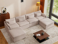 Deluxe Cloud 4-Seater Khaki U-Shaped Sectional | 6-Piece (Includes 2 Ottomans), Linen Look Poly Fabric, Washable Cushion Covers