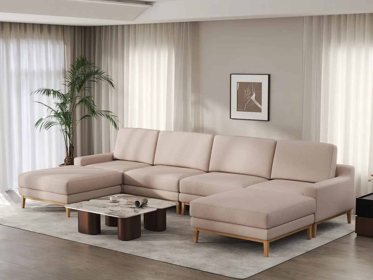 Deluxe Cloud 4-Seater Khaki U-Shaped Sectional | 6-Piece (Includes 2 Ottomans), Linen Look Poly Fabric, Washable Cushion Covers