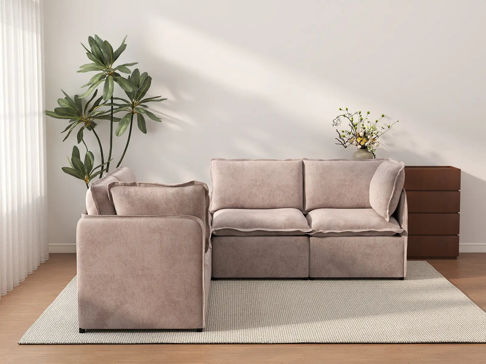 Deluxe Cloud 4-Seater Khaki V-Shaped Sectional | 5-Piece (Includes 1 Ottoman), Linen Look Poly Fabric, Washable Cushion Covers