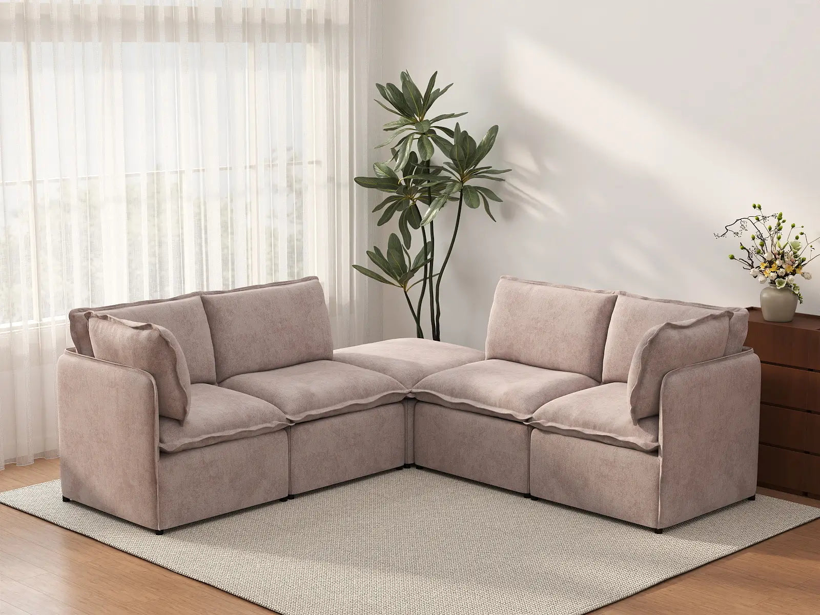 Deluxe Cloud 4-Seater Khaki V-Shaped Sectional | 5-Piece (Includes 1 Ottoman), Linen Look Poly Fabric, Washable Cushion Covers