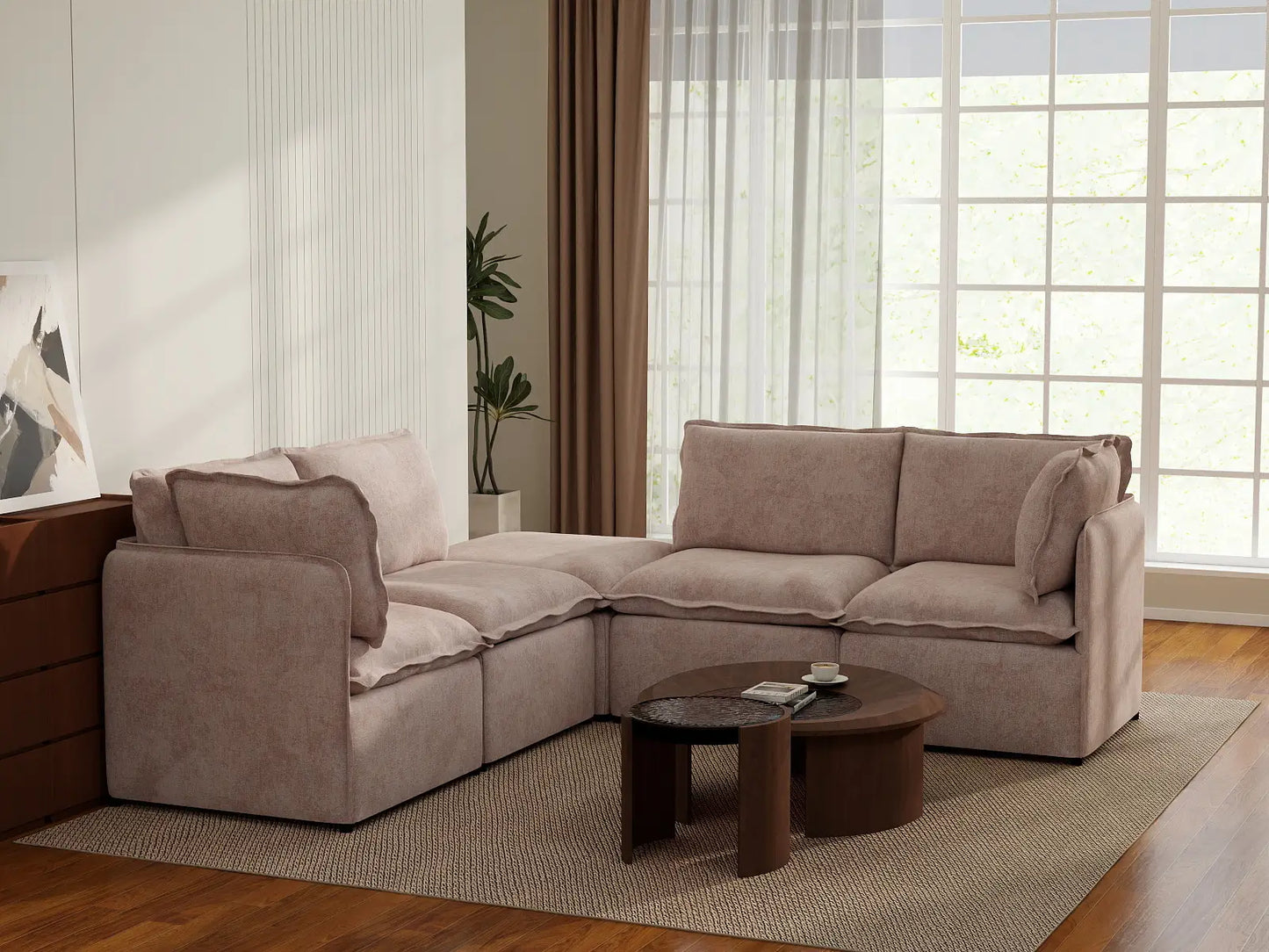 Deluxe Cloud 4-Seater Khaki V-Shaped Sectional | 5-Piece (Includes 1 Ottoman), Linen Look Poly Fabric, Washable Cushion Covers