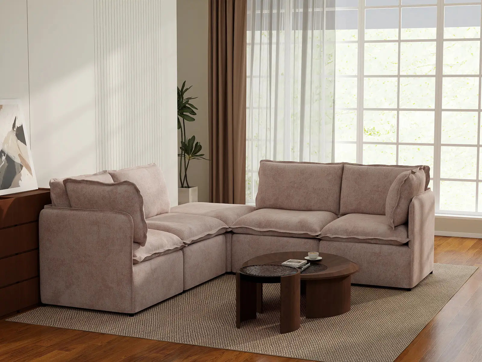Deluxe Cloud 4-Seater Khaki V-Shaped Sectional | 5-Piece (Includes 1 Ottoman), Linen Look Poly Fabric, Washable Cushion Covers
