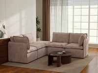Deluxe Cloud 4-Seater Khaki V-Shaped Sectional | 5-Piece (Includes 1 Ottoman), Linen Look Poly Fabric, Washable Cushion Covers