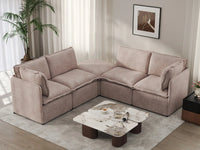 Deluxe Cloud 4-Seater Khaki V-Shaped Sectional | 5-Piece (Includes 1 Ottoman), Linen Look Poly Fabric, Washable Cushion Covers