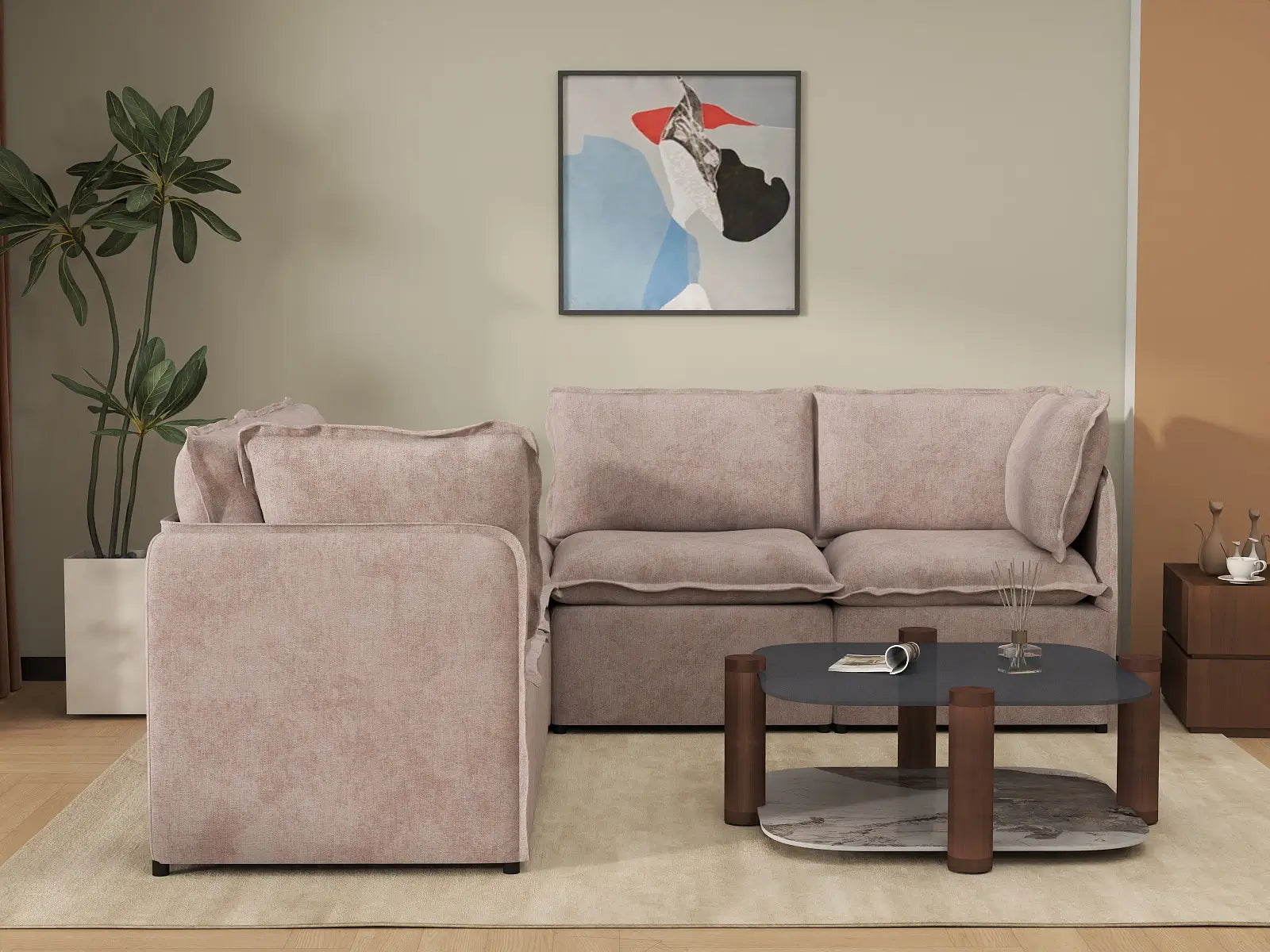 Deluxe Cloud 4-Seater Khaki V-Shaped Sectional | 5-Piece (Includes 1 Ottoman), Linen Look Poly Fabric, Washable Cushion Covers