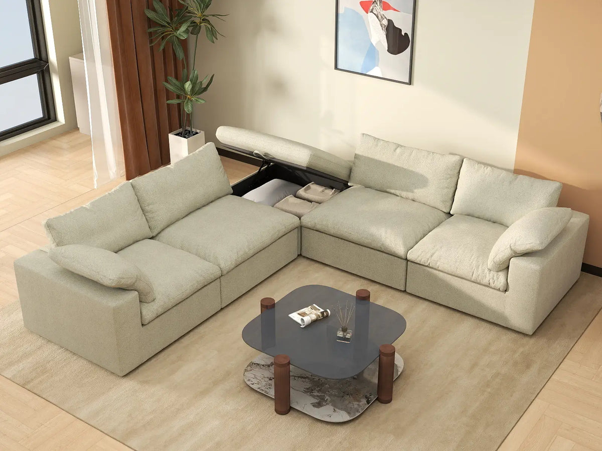 Deluxe Cloud 4-Seater Khaki V-Shaped Sectional | 5-Piece (Includes 1 Ottoman), Cotton And Linen Fabric, Living Room Seating, Washable Cushion Covers
