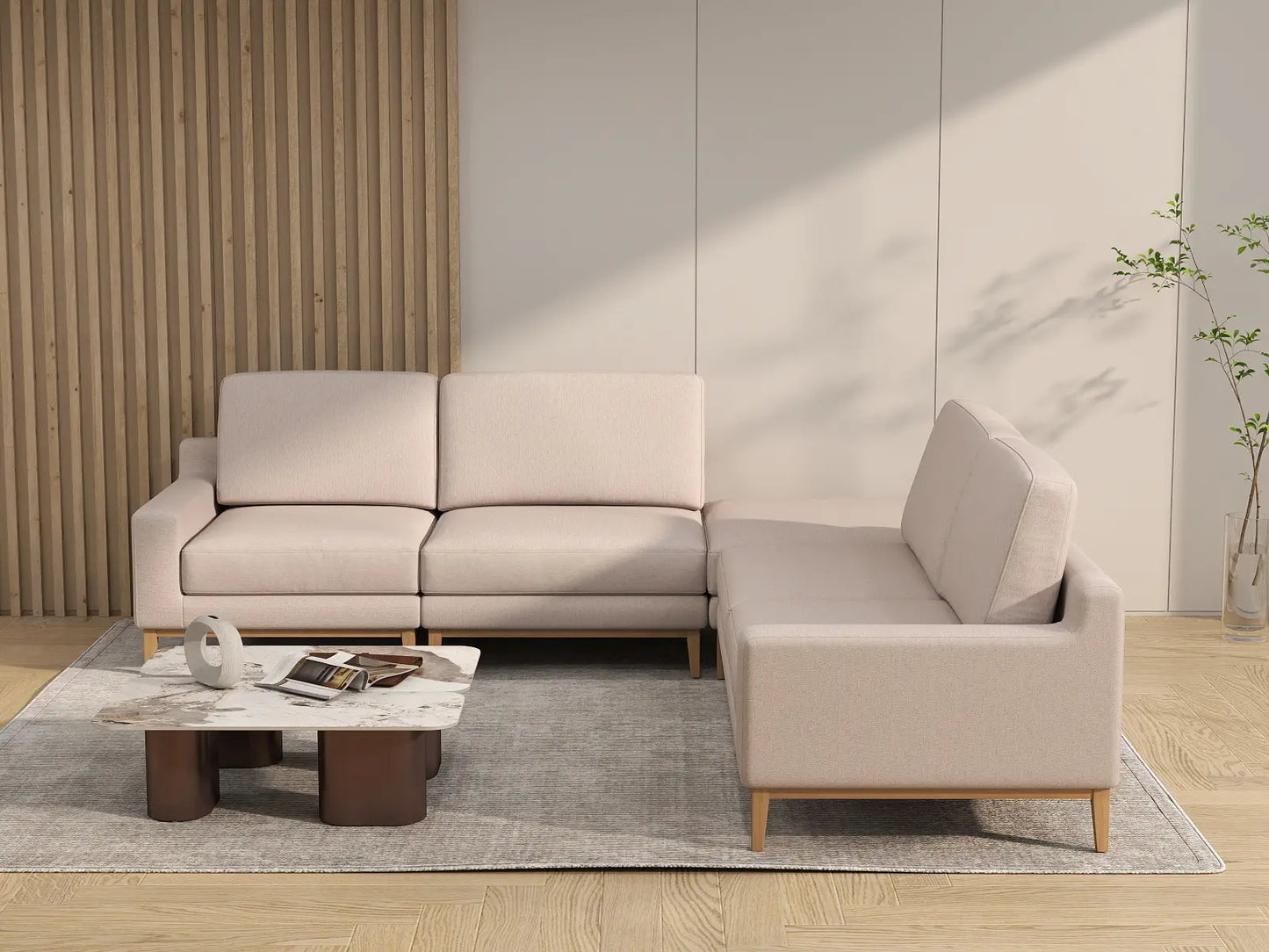 Deluxe Cloud 4-Seater Khaki V-Shaped Sectional | 5-Piece (Includes 1 Ottoman), Linen Look Poly Fabric, Washable Cushion Covers