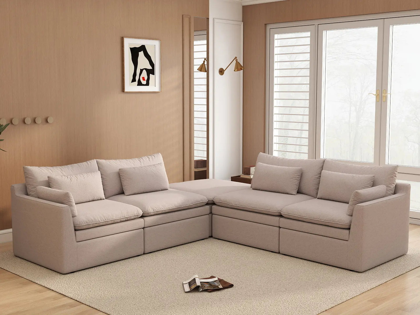 Deluxe Cloud 4-Seater Khaki V-Shaped Sectional | 5-Piece (Includes 1 Ottoman), Linen Look Poly Fabric, Washable Cushion Covers