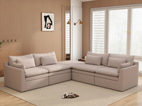 Deluxe Cloud 4-Seater Khaki V-Shaped Sectional | 5-Piece (Includes 1 Ottoman), Linen Look Poly Fabric, Washable Cushion Covers
