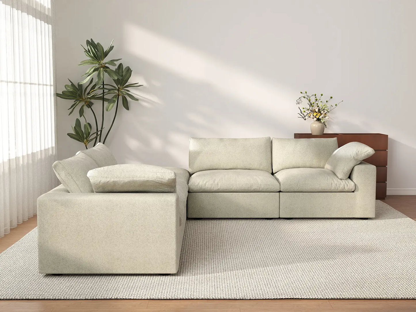 Deluxe Cloud 4-Seater Khaki V-Shaped Sectional | 5-Piece (Includes 1 Ottoman), Cotton And Linen Fabric, Living Room Seating, Washable Cushion Covers