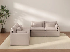 Deluxe Cloud 4-Seater Khaki V-Shaped Sectional | 5-Piece (Includes 1 Ottoman), Linen Look Poly Fabric, Washable Cushion Covers