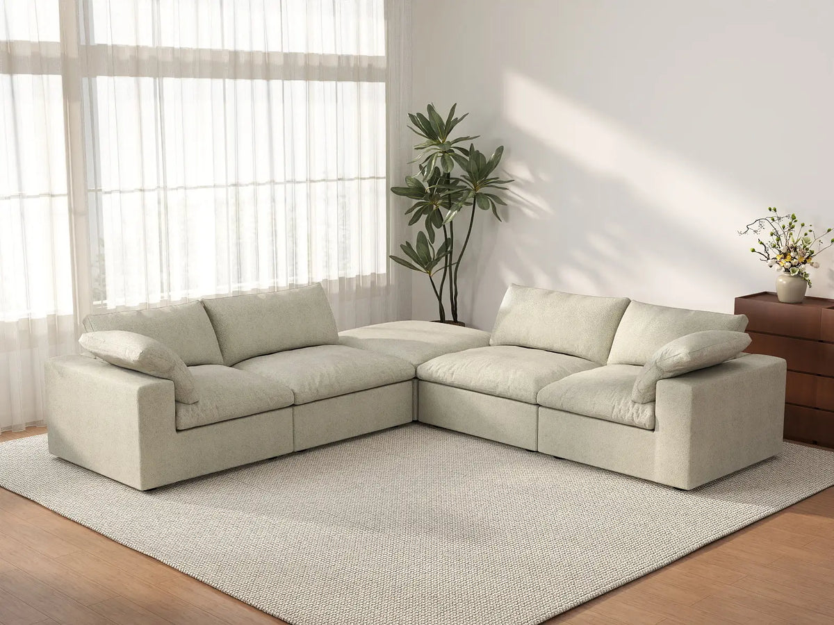 Deluxe Cloud 4-Seater Khaki V-Shaped Sectional | 5-Piece (Includes 1 Ottoman), Cotton And Linen Fabric, Living Room Seating, Washable Cushion Covers
