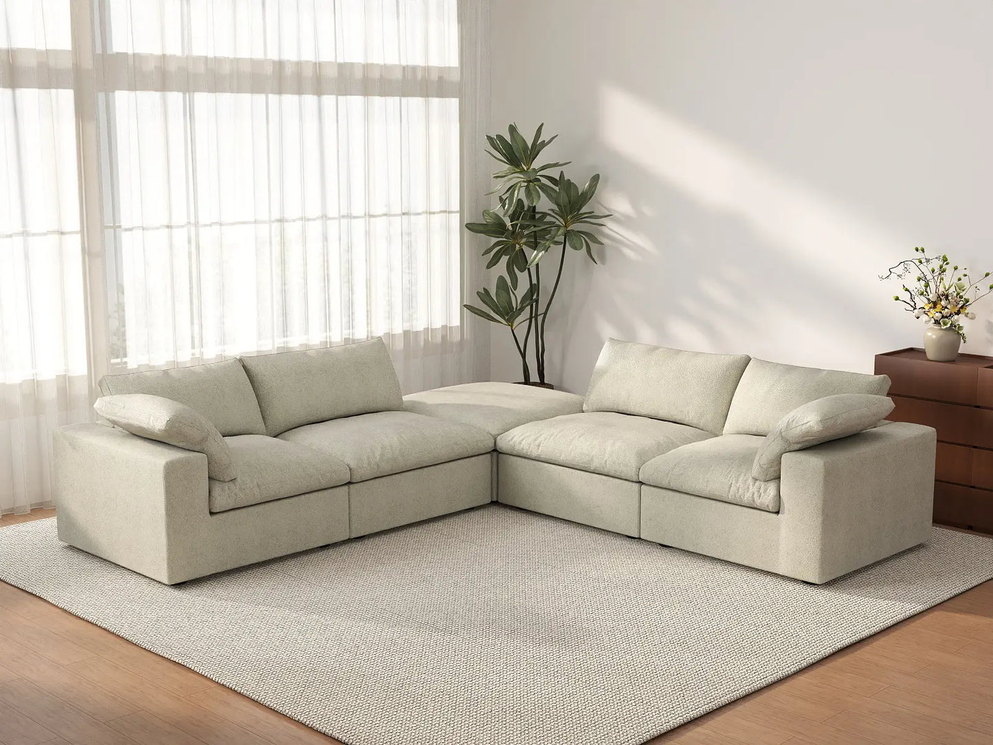 Deluxe Cloud 4-Seater Khaki V-Shaped Sectional | 5-Piece (Includes 1 Ottoman), Cotton And Linen Fabric, Living Room Seating, Washable Cushion Covers