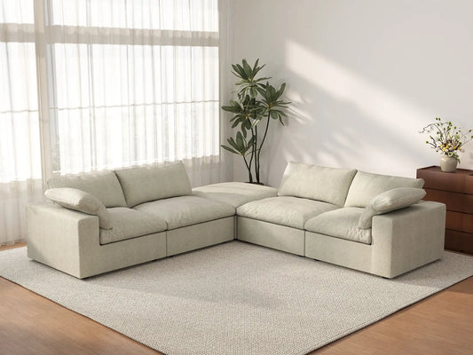 Deluxe Cloud 4-Seater Khaki V-Shaped Sectional | 5-Piece (Includes 1 Ottoman), Cotton And Linen Fabric, Living Room Seating, Washable Cushion Covers