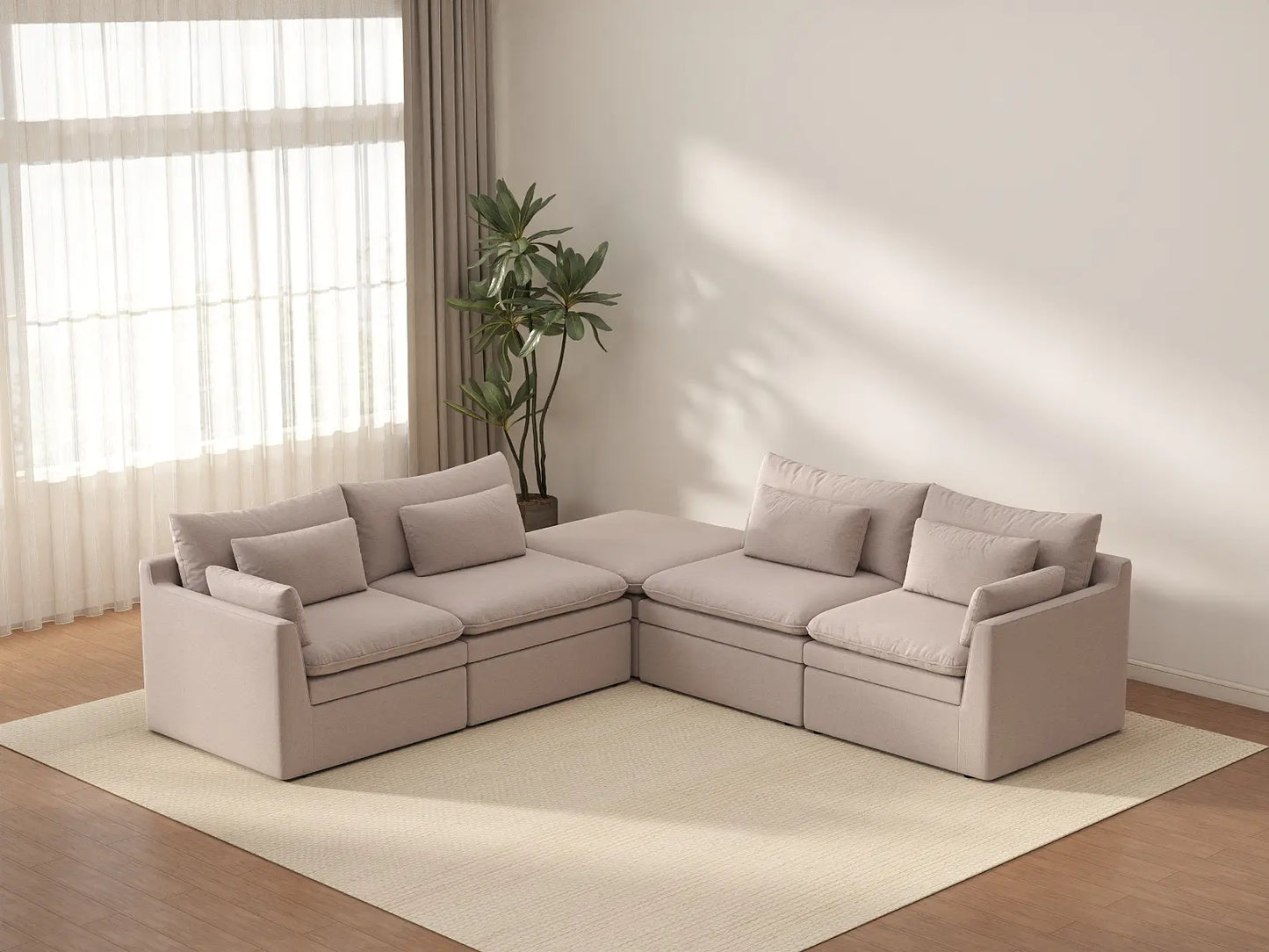 Deluxe Cloud 4-Seater Khaki V-Shaped Sectional | 5-Piece (Includes 1 Ottoman), Linen Look Poly Fabric, Washable Cushion Covers