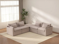 Deluxe Cloud 4-Seater Khaki V-Shaped Sectional | 5-Piece (Includes 1 Ottoman), Linen Look Poly Fabric, Washable Cushion Covers