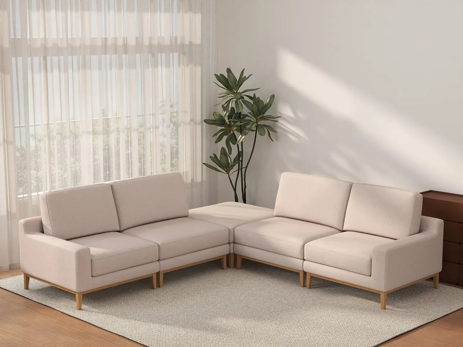 Deluxe Cloud 4-Seater Khaki V-Shaped Sectional | 5-Piece (Includes 1 Ottoman), Linen Look Poly Fabric, Washable Cushion Covers