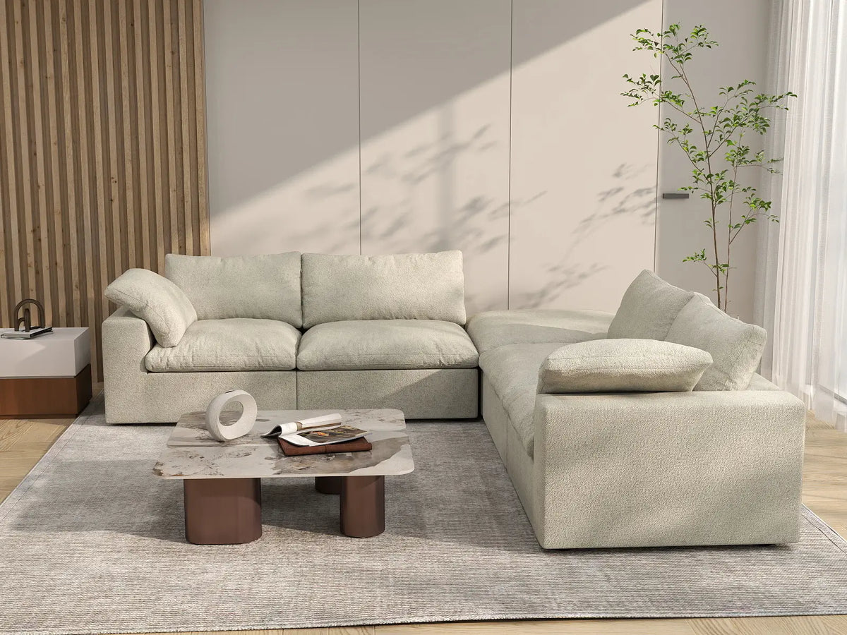Deluxe Cloud 4-Seater Khaki V-Shaped Sectional | 5-Piece (Includes 1 Ottoman), Cotton And Linen Fabric, Living Room Seating, Washable Cushion Covers
