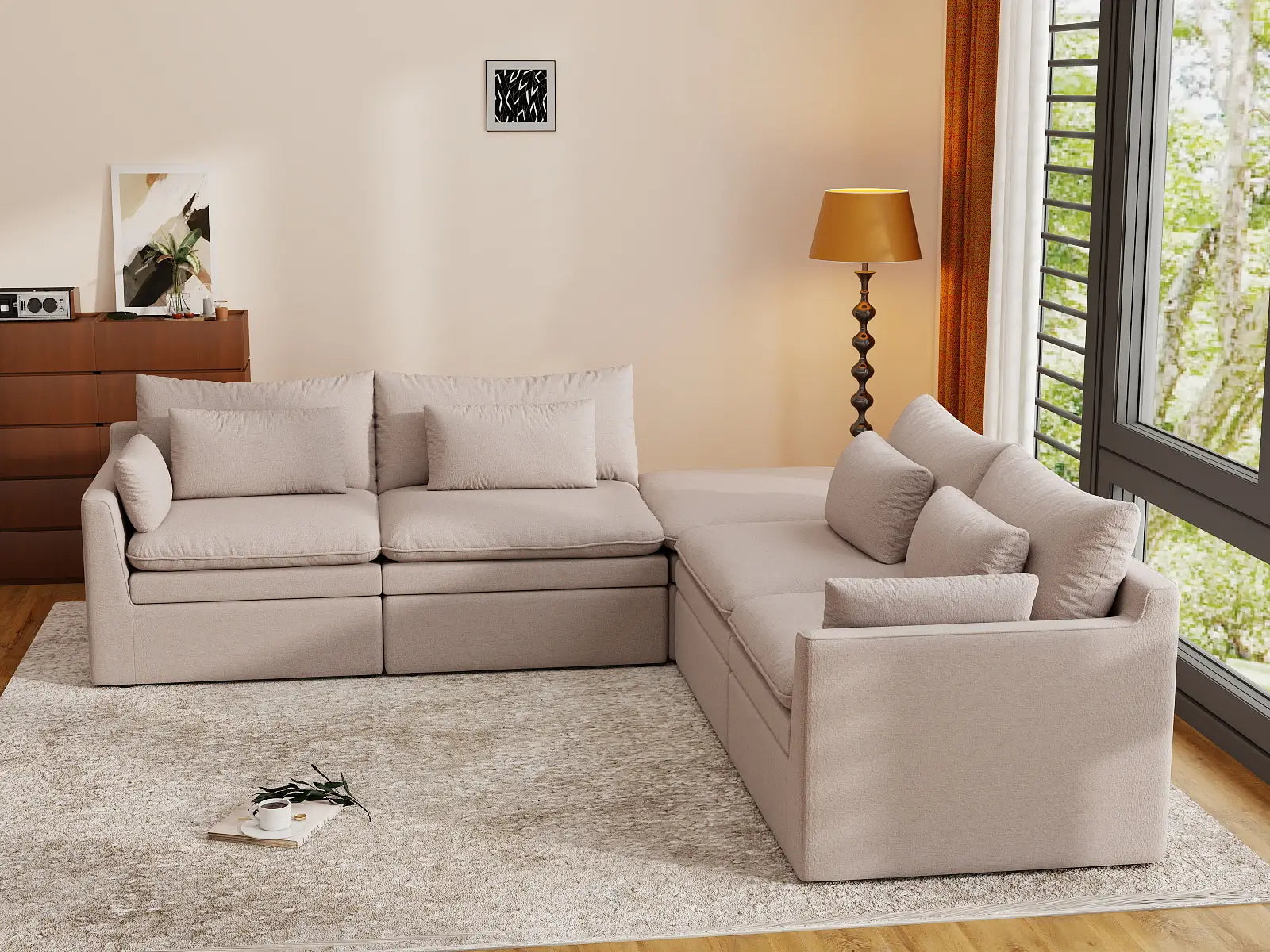 Deluxe Cloud 4-Seater Khaki V-Shaped Sectional | 5-Piece (Includes 1 Ottoman), Linen Look Poly Fabric, Washable Cushion Covers