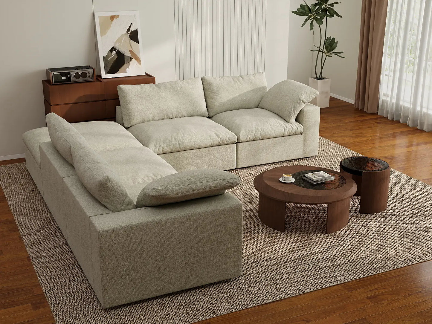 Deluxe Cloud 4-Seater Khaki V-Shaped Sectional | 5-Piece (Includes 1 Ottoman), Cotton And Linen Fabric, Living Room Seating, Washable Cushion Covers