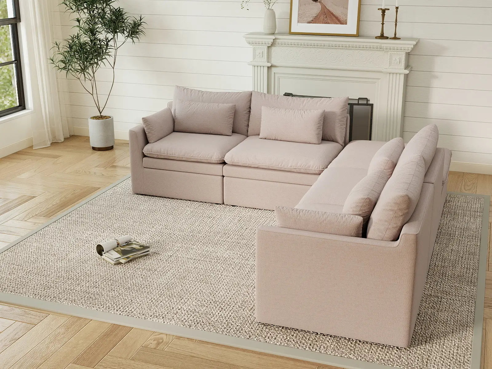 Deluxe Cloud 4-Seater Khaki V-Shaped Sectional | 5-Piece (Includes 1 Ottoman), Linen Look Poly Fabric, Washable Cushion Covers