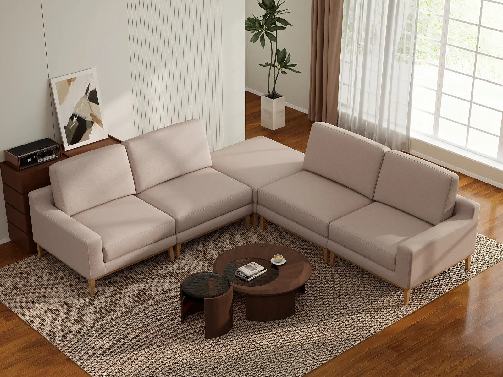 Deluxe Cloud 4-Seater Khaki V-Shaped Sectional | 5-Piece (Includes 1 Ottoman), Linen Look Poly Fabric, Washable Cushion Covers