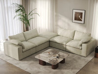 Deluxe Cloud 4-Seater Khaki V-Shaped Sectional | 5-Piece (Includes 1 Ottoman), Cotton And Linen Fabric, Living Room Seating, Washable Cushion Covers