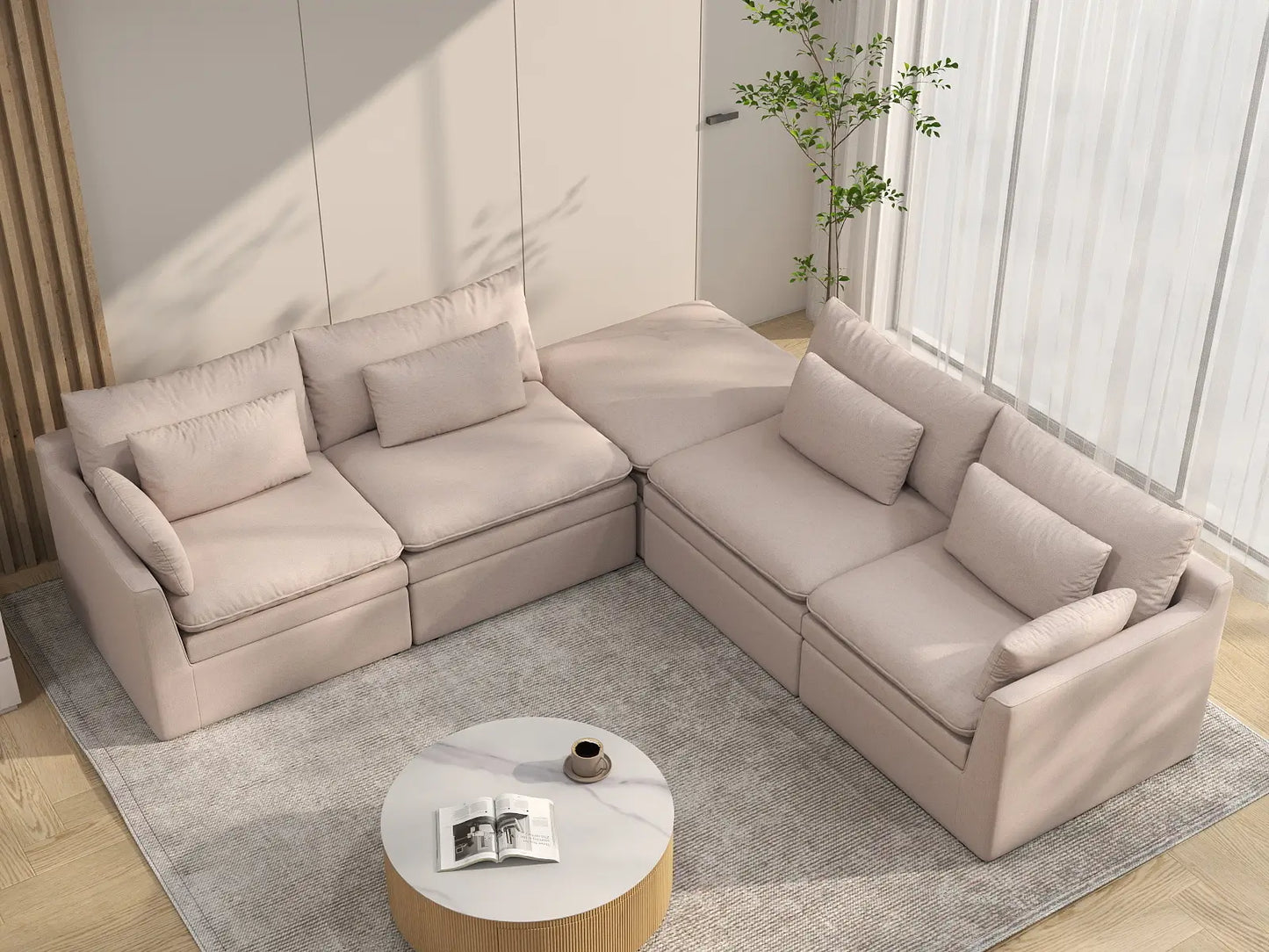 Deluxe Cloud 4-Seater Khaki V-Shaped Sectional | 5-Piece (Includes 1 Ottoman), Linen Look Poly Fabric, Washable Cushion Covers