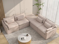 Deluxe Cloud 4-Seater Khaki V-Shaped Sectional | 5-Piece (Includes 1 Ottoman), Linen Look Poly Fabric, Washable Cushion Covers