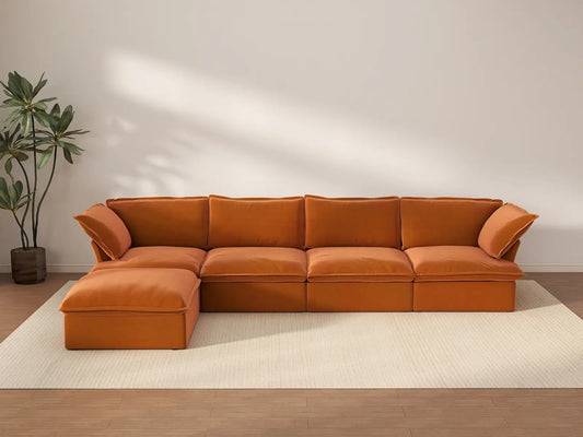 Deluxe Cloud 4-Seater L-Shaped Sofa with Storage | 5-Piece (includes 1 ottoman), Velvet Fabric, Washable Covers