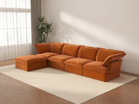 Deluxe Cloud 4-Seater L-Shaped Sofa with Storage | 5-Piece (includes 1 ottoman), Velvet Fabric, Washable Covers