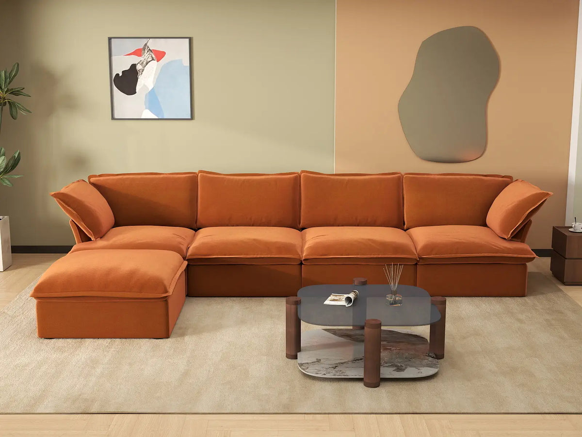 Deluxe Cloud 4-Seater L-Shaped Sofa with Storage | 5-Piece (includes 1 ottoman), Velvet Fabric, Washable Covers