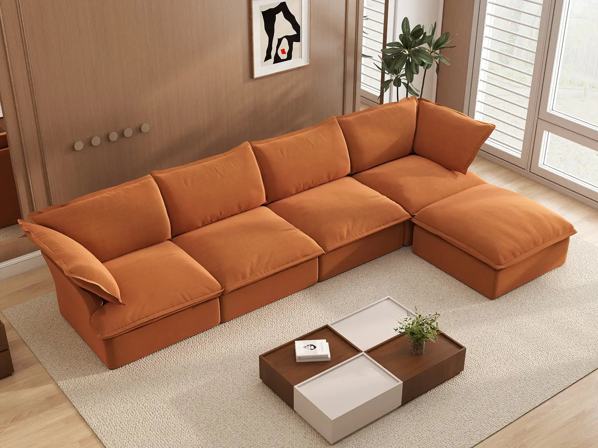 Deluxe Cloud 4-Seater L-Shaped Sofa with Storage | 5-Piece (includes 1 ottoman), Velvet Fabric, Washable Covers