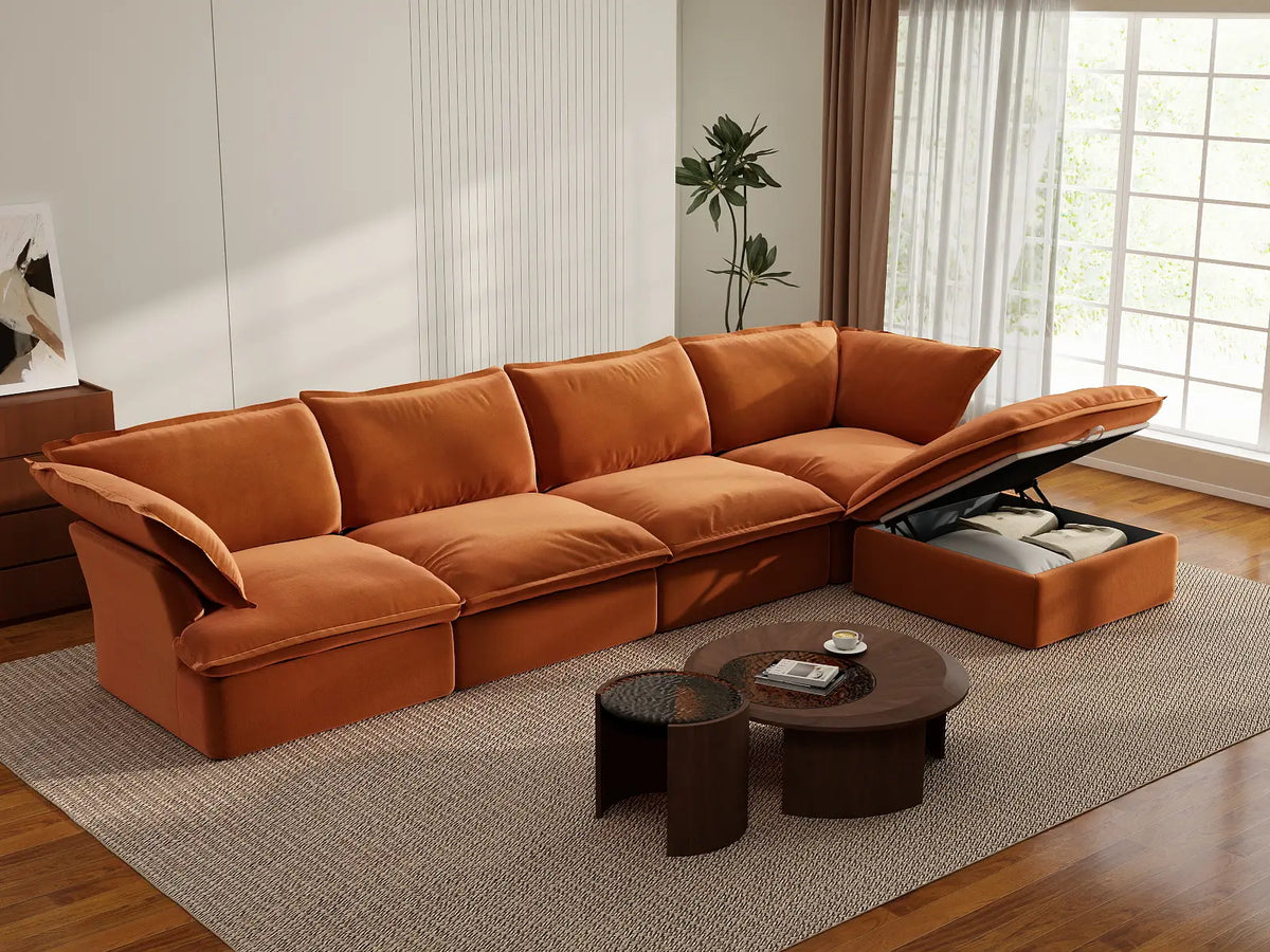Deluxe Cloud 4-Seater L-Shaped Sofa with Storage | 5-Piece (includes 1 ottoman), Velvet Fabric, Washable Covers