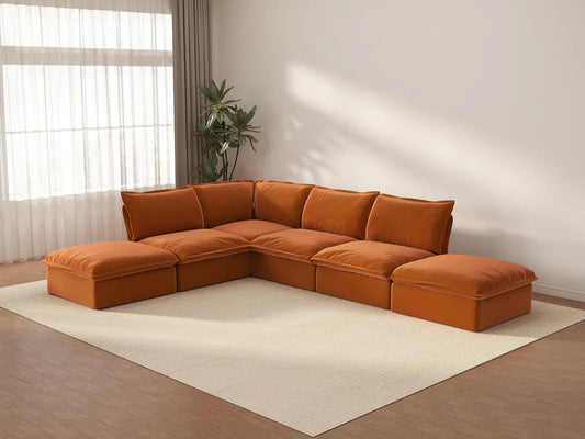 Deluxe Cloud 4-Seater Large L-Shaped Sofa | 6-Piece (includes 2 ottomans), Velvet Fabric, Storage Ottoman